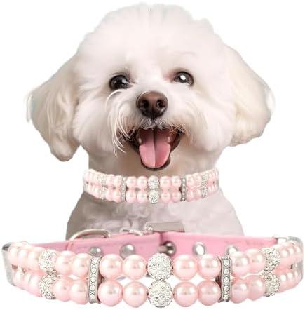 Pink Dog Collars with Pearls, Beaded Cat Collar Pu Leather Puppy Necklace with Crystal Rhinestone Diamond for Girl Kitten XXSmall Small Medium Female Dogs Jewelry Wedding & Birthday Party, M
