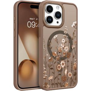 DOMAVER for iPhone 15 Pro Max Case, Magnetic Phone Case for iPhone 15 Pro Max [Compatible with MagSafe] Slim Fit Flowers Floral Design Shockproof Protective Bumper Women Men Girls Cover- Brown