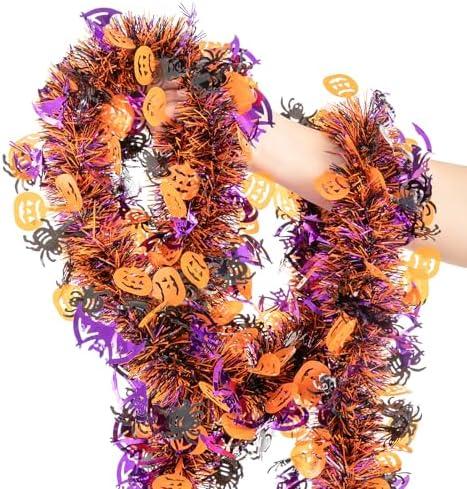 33FT Halloween Tinsel Garland, Black Purple Orange Metallic Twist Foil Tinsel Garland with Pumpkin Spider Bat Ornaments Hanging Garland for Halloween Party Indoor Outdoor Decoration