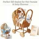 Vintage Woven Rattan Stroller-Shaped Flower Basket with Wheels