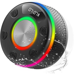 Bluetooth Speaker, Shower Speaker, IP7 Waterproof Portable Speakers Bluetooth 5.4 with HD Sound, RGB Light/LED Display/Hands-Free Call/Suction Cup Perfect for Bathroom Sing-Along Stocking Stuffers (Black)
