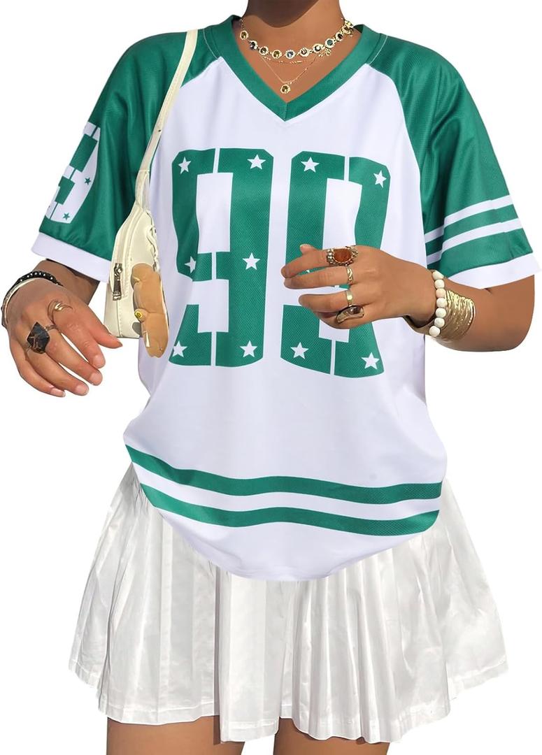 Jersey Shirts for Women Oversized Number Graphic Jersey Shirt Y2k Streetwear V Neck Short Sleeve Tee Tops (XL)