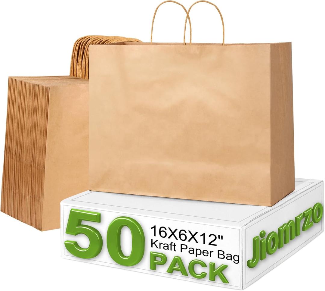 Jiomrzo 50 Pcs Large Brown Kraft Paper Bags with Handles (16x6x12 Inches) - Recycled Bulk Paper Bags for Small Business, Shopping, Gifts, Retail & Grocery