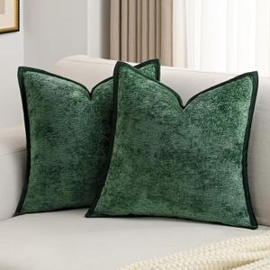 FUTEI Dark Green Chenille Throw Pillow Covers 16x16 Inch Set of 2,Soft Cozy Bound Edge Design Cushion Case,Home Decor for Couch Bed Living Room