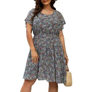 Nemidor Womens Casual Plus Size Summer Boho Chiffon Print Midi Skater Dress with Ruffle Sleeve NEM297 (20, Navy Yellow)