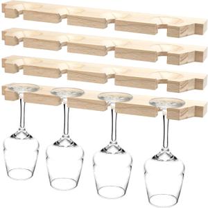 Ripeng 4 Pcs Wall Mounted Wood Stemware Rack Champagne Holder Rustic Wine Glass Hanging Shelf Wood Floating Glassware Wall Holder for Party Kitchen Bar Organizer 17 x 3 x 0. 8 Inch (Wooden Color)