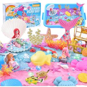 Volmop Sensory Bin for Girl, Play Sand Art Kit with Sandbox, 3.3lb Color Sand, Mermaid Tactile Sensory, Christmas Birthday Gift for Girl Toddler Ages 3-8 (Blue)