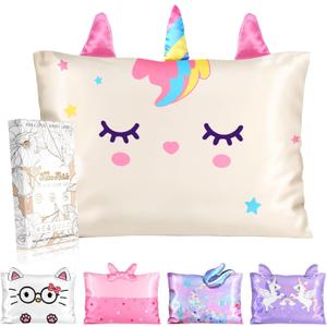 Toddler Pillowcases 13"x18" for Kids - Cute Cartoon Soft Breathable Silk Pillow Cases for Hair and Skin with Hidden Zipper for Girls Fun Kawaii Design for Bedding, White Unicorn