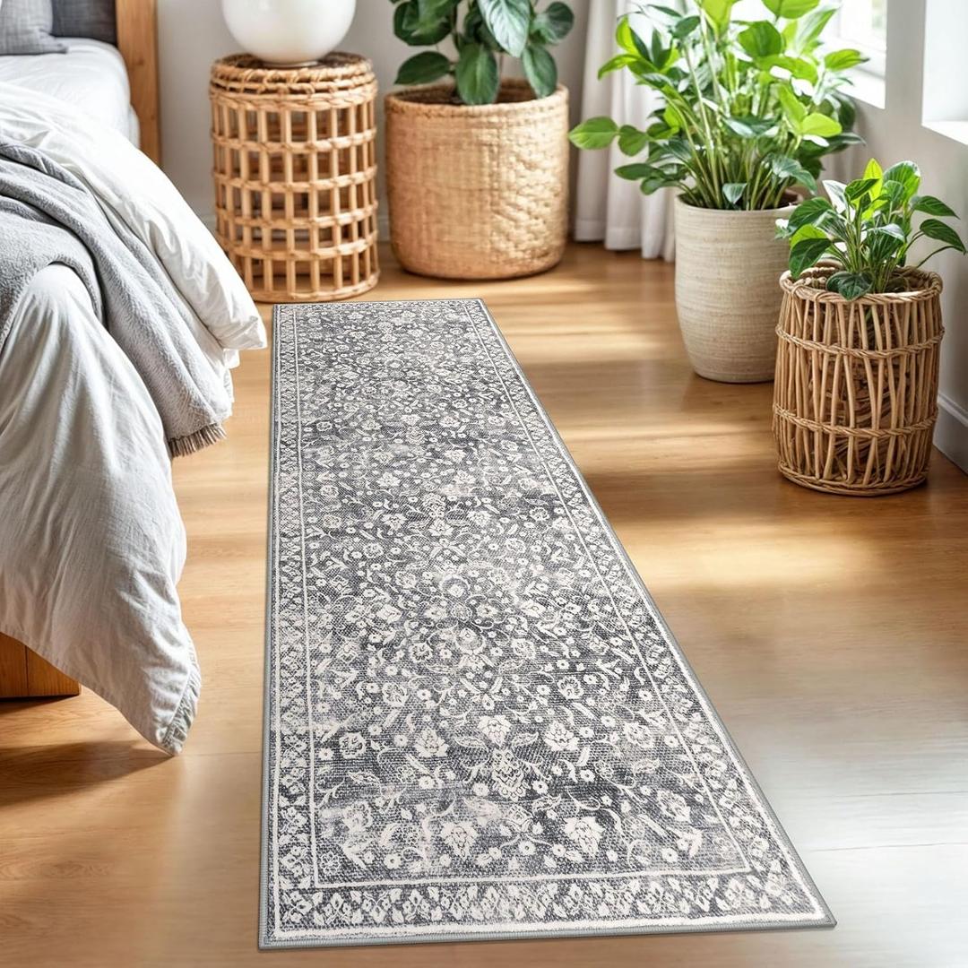 Vintage 2x7 Runner Rug, Gray Ivory Washable Runners for hallways, Super Soft Kitchen Runner Rug Non Slip, Print Faux Wool Floral Thin Carpet Runner for Entryway Indoor Bedroom Bedside Runner