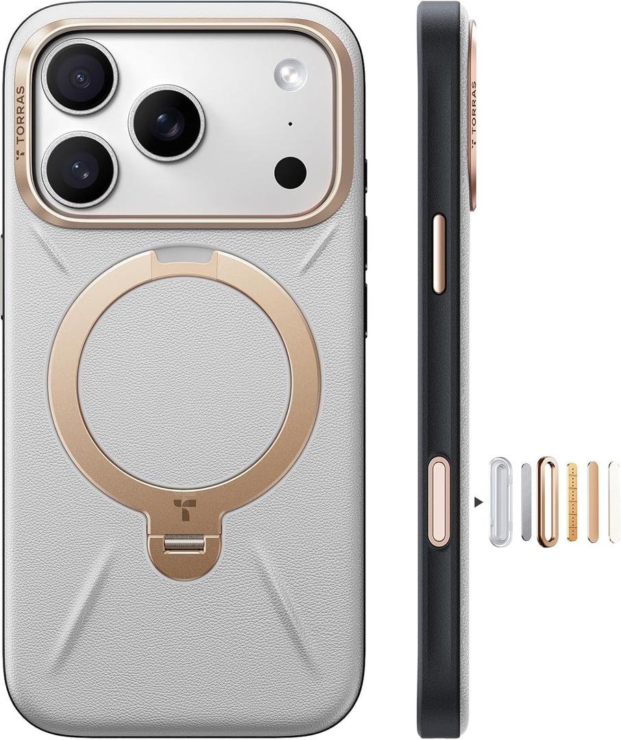 TORRAS Organic Leather for iPhone 17 Pro Case with Stand, Fit for Magsafe, 360 Spin Stand with Camera Control, Premium Leather Durable Stylish Q3 VegSkin for iPhone 17 Pro Phone Case, Cloud White