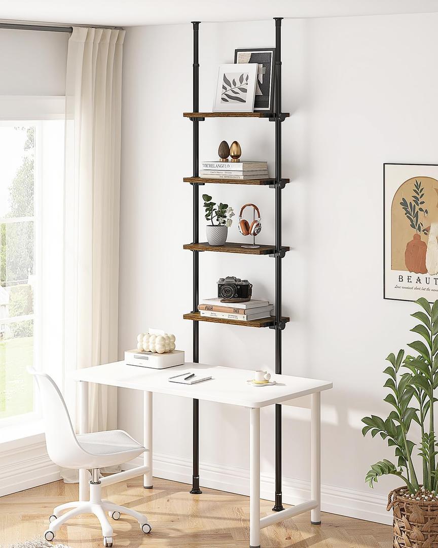ALLZONE Adjustable Tall Narrow Bookshelf for Bedroom, 4-Tier Ladder Bookcase for Small Spaces, Tension Mount Tall Skinny Book Shelf with Open Storage, 64 to 113Inch Height (4-Tier (20.28"Wide), Rustic Brown)