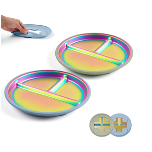 Goldusk Stainless Steel Baby Plates with Suction, 2pcs 9" Rainbow Kids Plates BPA-Free with Removable Food-Grade Silicone Base Baby Dishes Toddler Plates with Dividers, Blue & Green