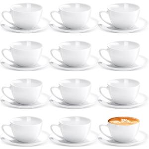 Maxdot 12 Set 5.5 OZ Porcelain Espresso Cups with Saucers White Ceramic Coffee Cups and Saucers Cappuccino Mug Latte Cup for Cafe Mocha Barista Coffee Shop