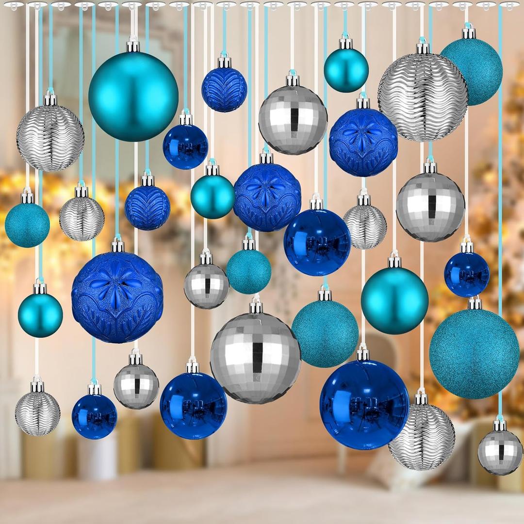 36 Pcs Christmas Balls Ornaments for Ceiling, 1.6'' 2.4'' 3.2'' Large Big Shatterproof Christmas Hanging Decorations Balls for Tree Xmas Holiday Party Indoor(Lake Blue, Navy Blue, Silver)