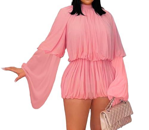 Two Piece Skirt Set for Women Sexy Chiffon Tops Pleated Mini Skirt Set Going Out Outfits Y2K Suit Bell Long Sleeve Mini Dress for Party Night Out Pink, Large