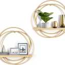 Oakrain Small Floating Shelves Set of 2, Wall Mounted Hanging Shelf with Gold Metal and Wood, Round Wall Shelves for Storage, Living Room Decor, Bathroom, Kitchen, Bedroom, Office