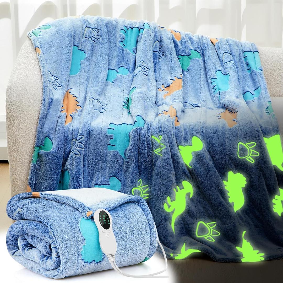 50"x60" Dinosaur Kids Heated Blanket Glow in The Dark 2025 Upgrade Dino Children Heating Electric Winter Boy Valentine's Birthday Gift with 10 Level & 8 Hours Auto off Etl Certified Machine Washable (Blue)
