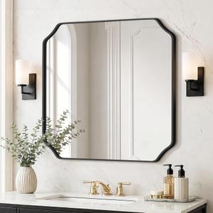 Delma Bathroom Vanity Mirror, Black Framed Aluminum Bathroom Mirror for Over Sink, Scalloped Round Corner Wall Mirror, High-Definition Vanity Mirror, Hangs Horizontally or Vertically (30x30,Black)