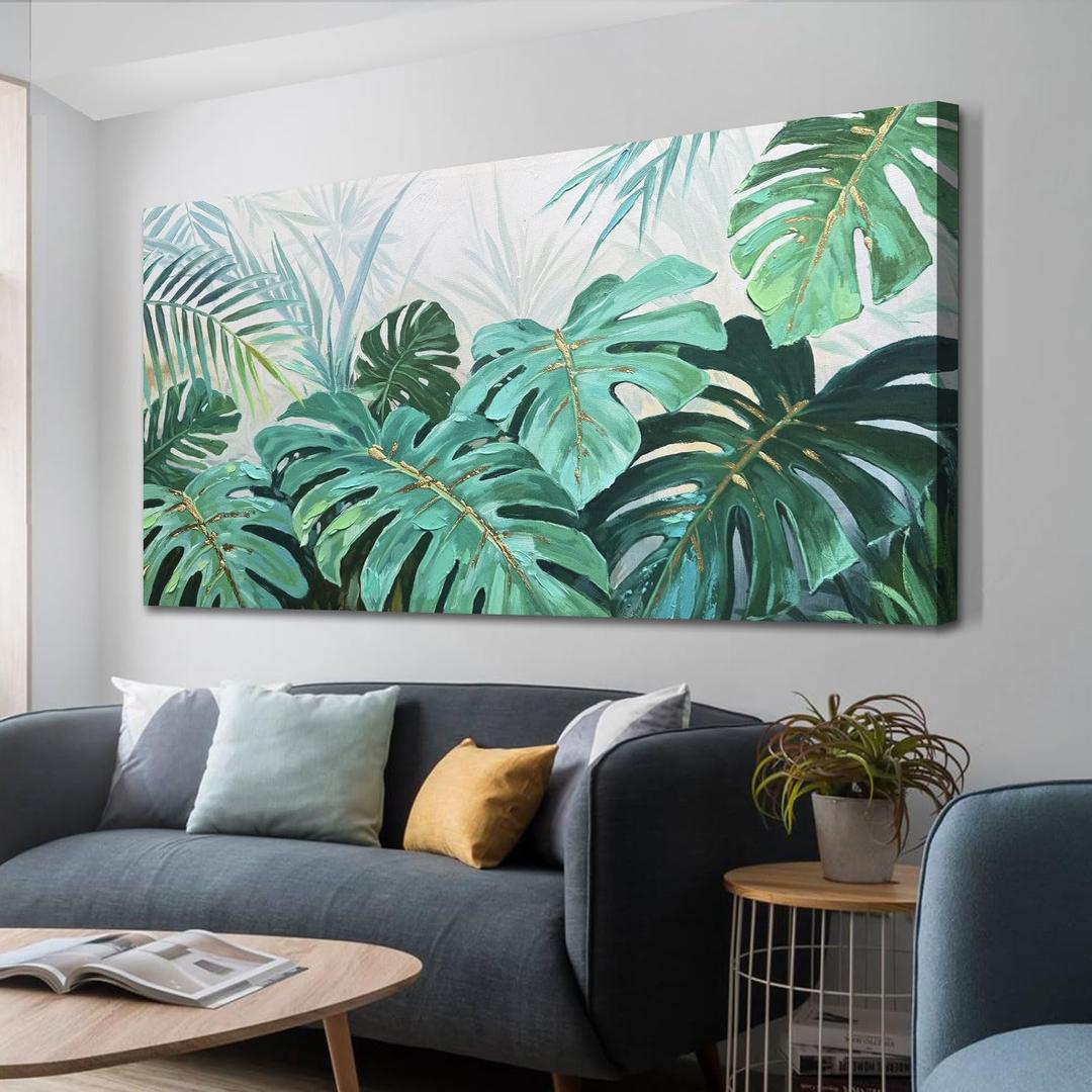 Enartly Tropical Green Leaf Canvas Wall Art Monstera Palm Leaf Painting Jungle Plant Botanical Picture Nature Artwork Print Framed for Living Room Bedroom Bathroom Office Home Decor, Large 40"x20"