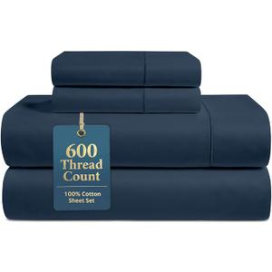 LANE LINEN Queen Bed Sheets - Pemium 600 Thread Count Long Staple 100% Cotton Sheets Queen Size Bed Set, Hotel Luxury Sateen Finish, 15" Deep Pocket Fitted Sheet, Cool & Durable - Denim