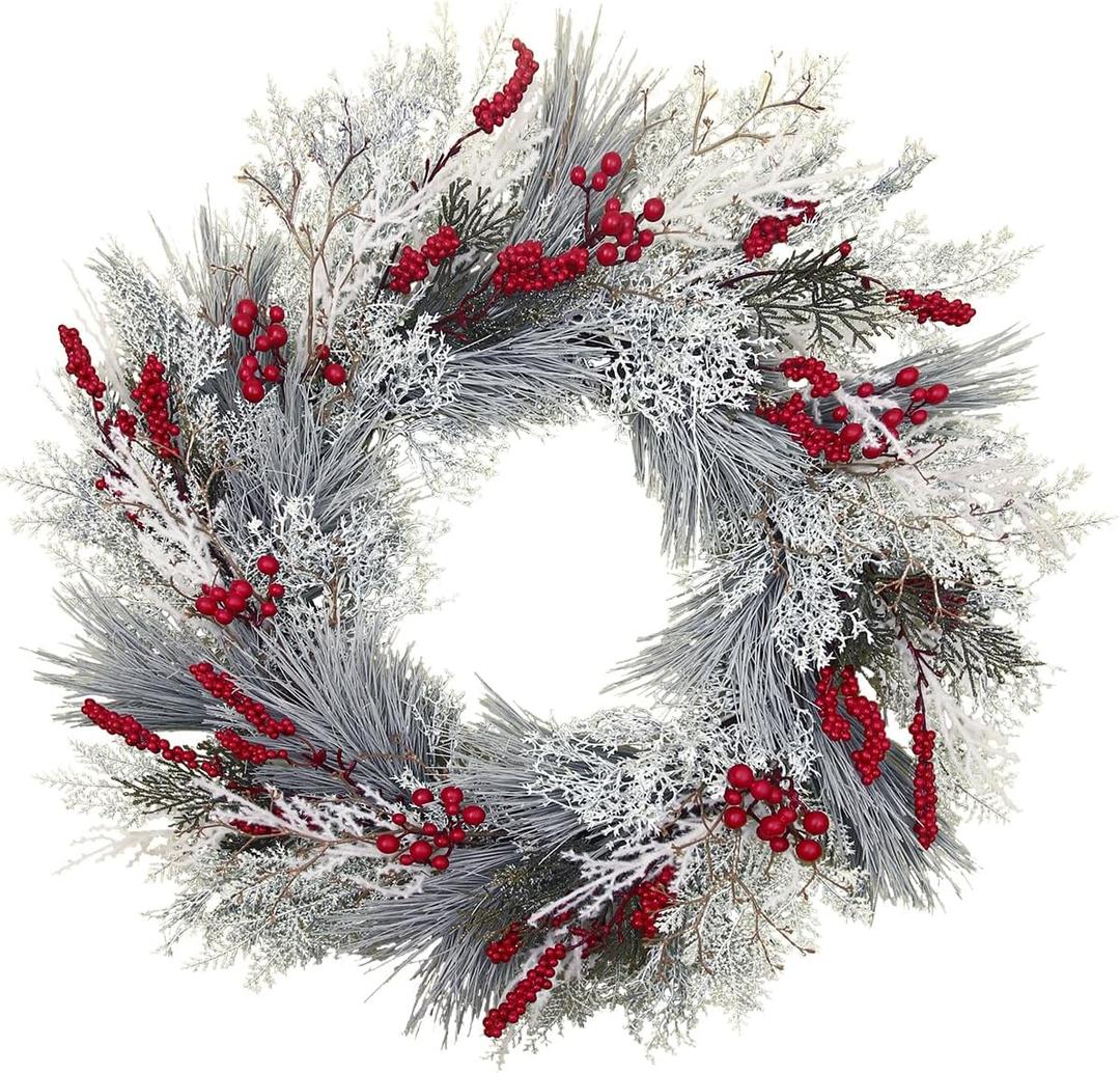 20 Inch Misty White Pine Christmas Wreath with Red Berry & Twig- Artificial Xmas Winter Wreaths for Front Door Porch Wall Window Porch Outdoor Decor (20")
