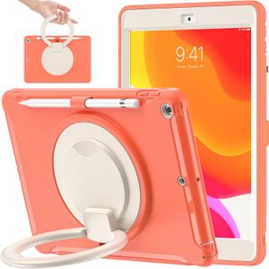BATYUE for iPad 9th/ 8th/ 7th Generation Case (iPad 10.2 Case 2021/2020/2019) with Screen Protector,Rugged Case with Rotating Stand/Pencil Holder/Pencil Cap Holder (Coral Orange)