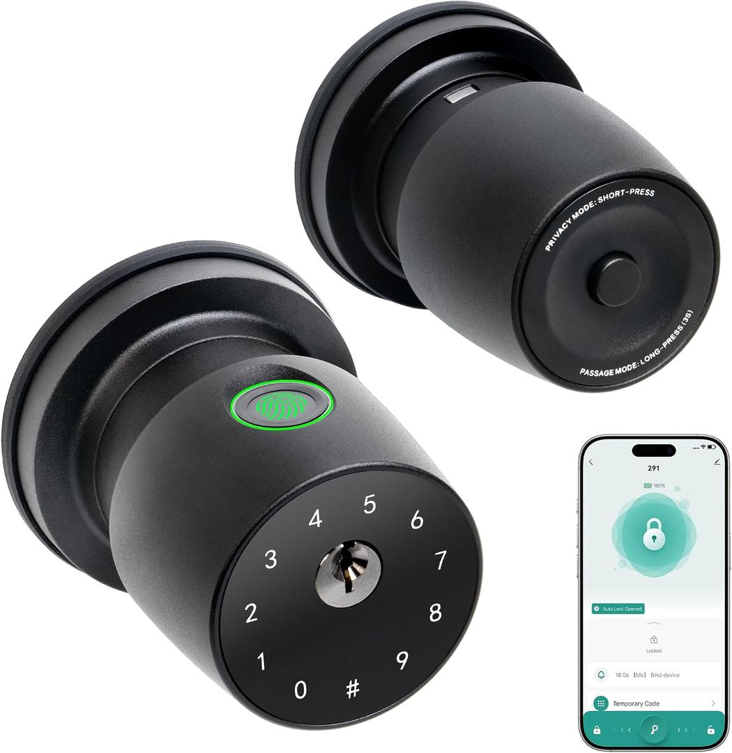 IRONZON Fingerprint Door Knob for Bedroom - 291Y 4-in-1 Keyless Bedroom Door Knob Smart Door Lock with App, One-tap Privacy Mode Setup, Auto-Lock Easy to Install - Matte Black