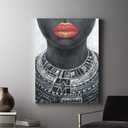 Black Girl Canvas Wall Art: Native African American Woman in Gold and Red Lip with Tribal Necklaces Framed Pictures Black Art Paintings for Bedroom Wall Decor Ready to Hang 24"x32"
