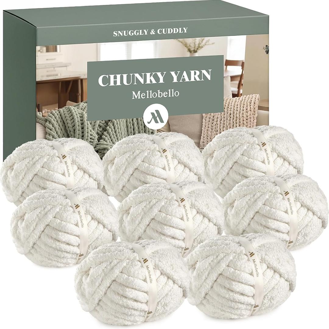 Mellobello Jumbo Chunky Yarn for Hand Knitting - Super Thick Chenille Chunky Yarn for Crocheting - Extra Soft Bulky Fluffy Blanket Big Yarn 8 Jumbo Pack (27yds,8 oz Each Skein) Cream White