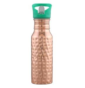 VedaVessel 100% Pure Copper Water Bottle 12 oz with Sipper Lid & Straw - Hammered Ayurvedic Small Copper Water Bottle - BPA Free Lid with Spout (Hammered, Forest Green)