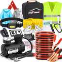 AUTODECO Car Roadside Emergency Kit, Car Safety Kit Portable Vehicle Kits for Emergency with Jumper Cables, Tow Straps, Safety Hammer, Black