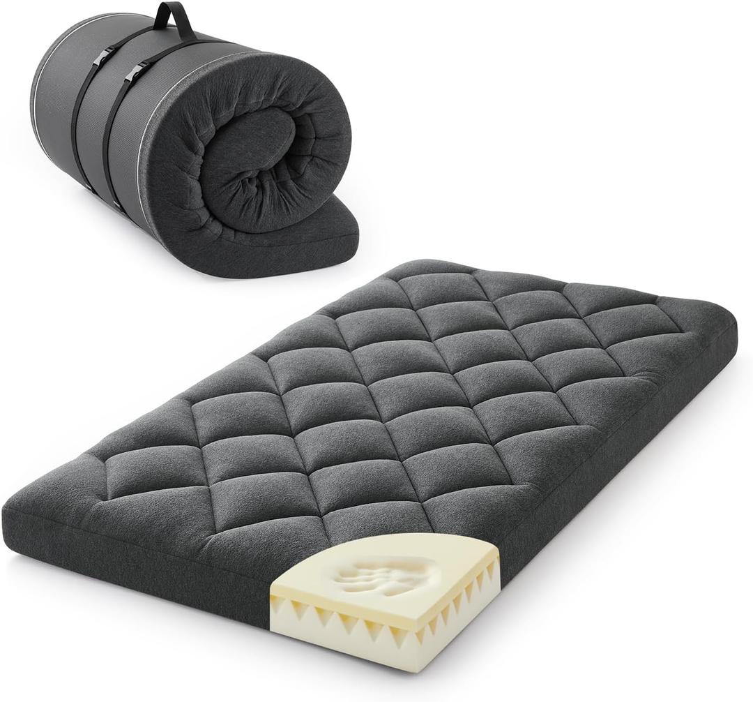 Jamdok 4" Twin Size Pillow Top Floor Futon Mattress,Memory Foam and Egg Crate Foam, Roll Up Japanese Tatami Pad for Sleeping,Quilted Guest Bed with Removable Cover, 75×38×4 Inches