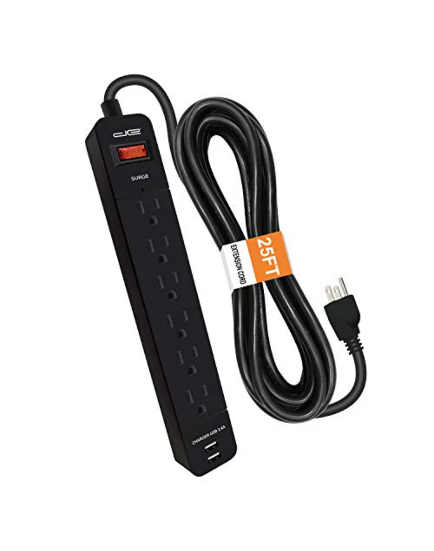 6 Outlet Surge Protector, 25 Ft, USB, Black