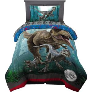 Jurassic World Dominion Blue Velociraptor and Rexy T-Rex Super Soft Microfiber Reversible Comforter, Twin Size, Bedding by Franco Kids