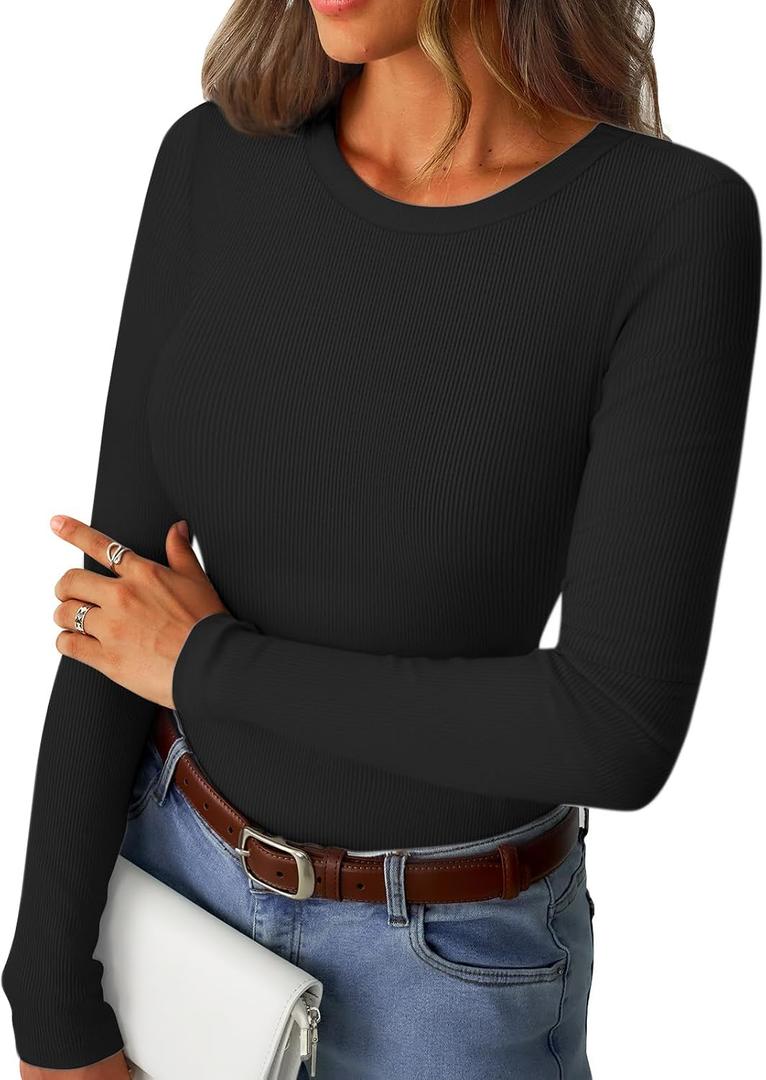 GKBK Womens Long Sleeve Shirts Ribbed Slim Fit Tops Tight Casual Crewneck Basic Tee 2026 Spring Fall Clothes Outfits Trendy (Black, S)
