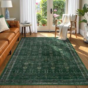 Moynesa Green 8x10 Living Room Rug, Vintage Washable Area Rug for Bedroom Dining Room Office, Low Pile Soft Non-Slip Retro Accent Carpets for Kitchen Indoor Nursery