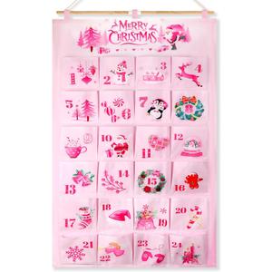 HOWAF Pink Christmas Advent Calendar 2025 (Countdown to Christmas) for Teen Girls and Women Gift, 24 Days Fabric Christmas Countdown Calendar with 24 Pockets for Xmas Holiday Home Wall Decoration