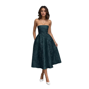 SoDigne Strapless Floral Jacquard Satin 2025 Midi Prom Dresses Tea Length A Line Evening Party Gown, Size 10
