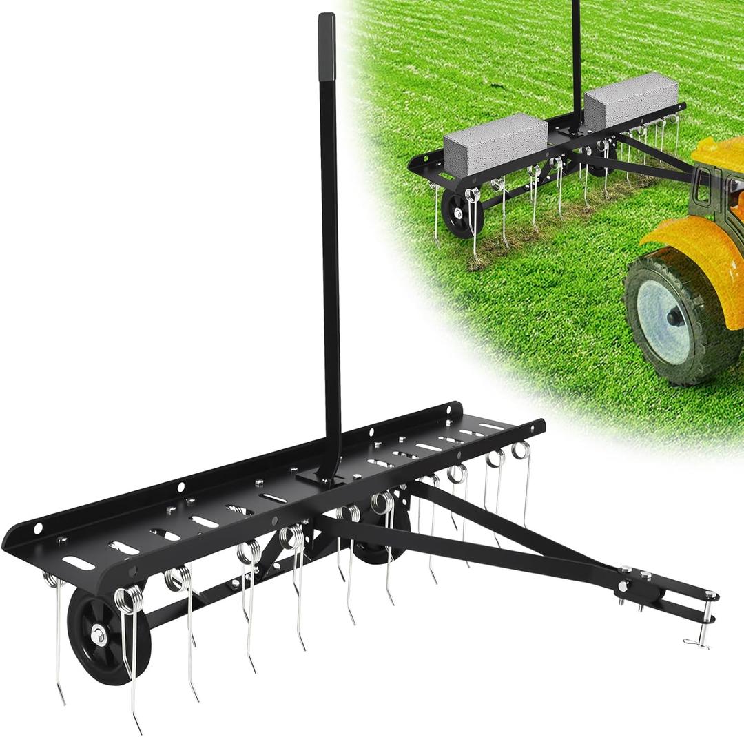 48" Tow Behind Dethatcher, Pull Behind Dethatcher with 20 Spring Steel Tines, Lawn Sweeper Garden Scarifier Grass Tractor Rake, Riding Lawn Mower Tractor Attachment for Outdoor Yard Lawn Care, Black