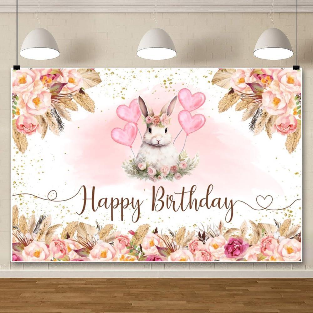 ChloropLastid Happy Birthday Backdrop Pink Boho Floral Rabbit Banner Heart Balloon Bunny Birthday Photography Background Easter Day Party Decorations Cake Table Decor Photo Booth Props 10x8ft