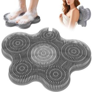 Shower Foot Scrubber Mat Silicone Back Exfoliating Cleaner, Feet Message Bath Washer Pad with Suction Cups for Wall Non-Slip - Itchy Toes Dead Skin Beauty Deep Clean Soft Bristles 14.2 * 11.2in Grey