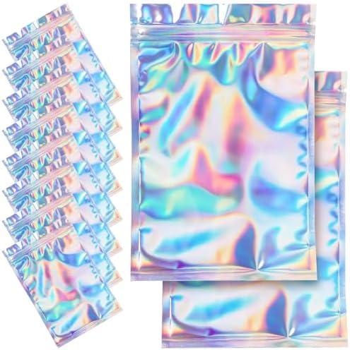 80 Pieces Resealable Smell Proof Bags - Foil Pouch Bags， Flat Clear Food Storage Bags Plastic Packaging Foil Mylar Bags for Party Favor Food Storage (Holographic Color, 8x10 Inch)