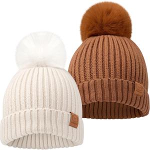 KeaBabies 2-Pack Baby Hats for Girls, Boys - Stretchy Baby Beanies, Cute Newborn & Toddler Winter Hat, Soft & Warm Pom Pom Beanie for Infant, Toddler, Boys, Girls 6-36 Months (Rust, M)