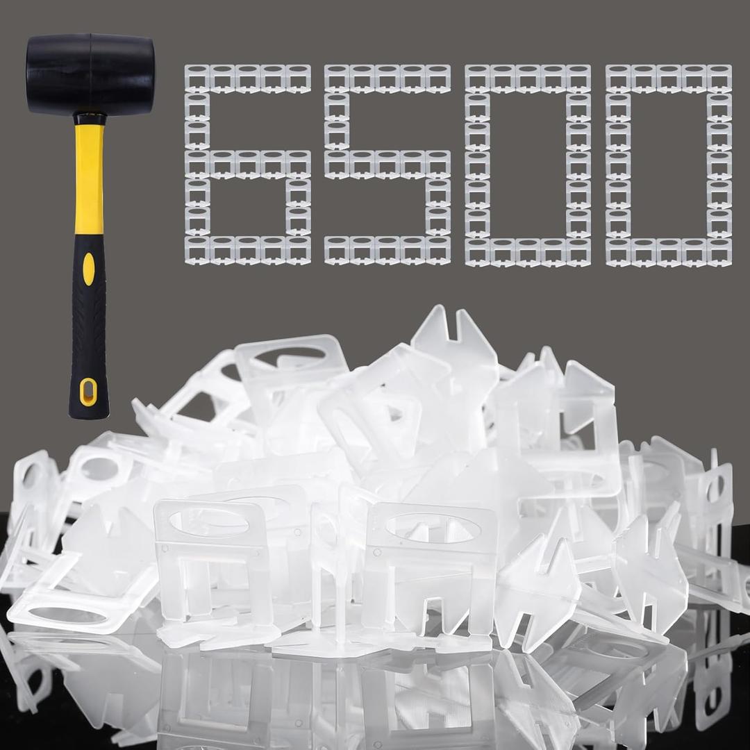 Tile Leveling System 1/16 Inch Spacers Tile Leveler Clips 6500 Pcs and 16 oz Rubber Mallet Hammer .Tile Tools Set for Professional Ceramic and Stone Installation