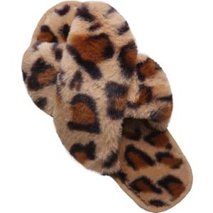 LZLER Womens Cross Band Slippers, Soft Plush Fleece Lightweight Non Slip Open Toe Flip Flop Shoes House Indoor Outdoor Fur Fuzzy Slippers (5-6, Brown Leopard)