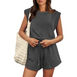 OFEEFAN Rompers for Women Summer Cap Sleeve Adjustable Drawstring Waistband Crewneck Casual Outfits with Pockets (X-Large, 0-dark Grey) OFEEFAN Rompers for Women Summer Cap Sleeve Adjustable Drawstring Waistband Crewneck Casual Outfits with Pockets (X-Large, 0-dark Grey)