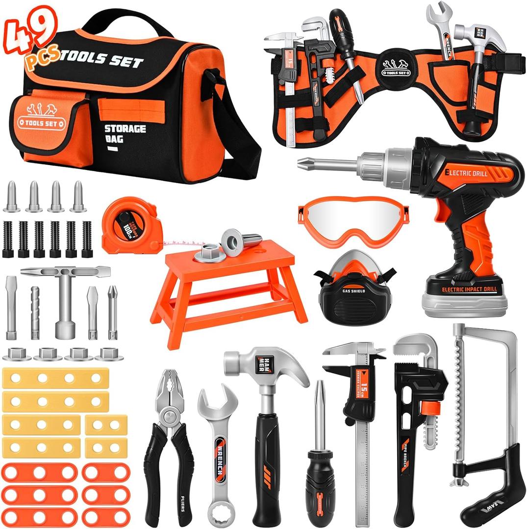 Kids Tool Set 49 PCS, Portable Tool Bag with Battery Powered Toy Drill & Adjustable Belt, Pretend Play Toddler Tool Set, Construction Toys for Boys & Girls Age 3-8, STEM Gifts