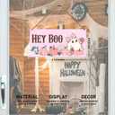 Halloween Wood Door Sign, Pink Halloween Ghost Decor for Home Porch Patio Front Door Hey Boo Wall Hanging Sign Decorations