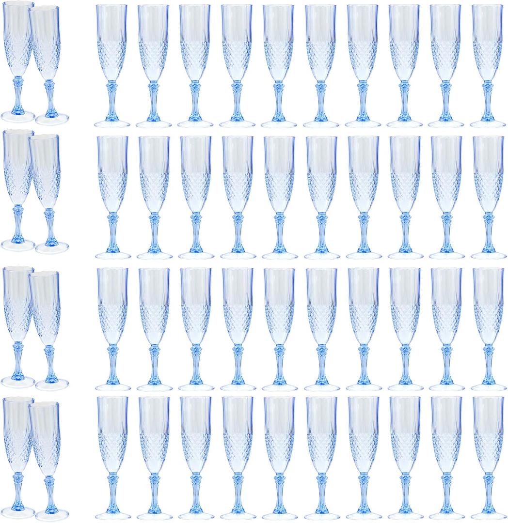 48PCS Plastic Champagne Flutes,7.1Oz Acrylic Blue Wine Glasses Goblets Reusable Drinking Champagne Glasses for Wedding ,Shatterproof and Disposable Cups Plastic Goblets Grand Event Party Supplies