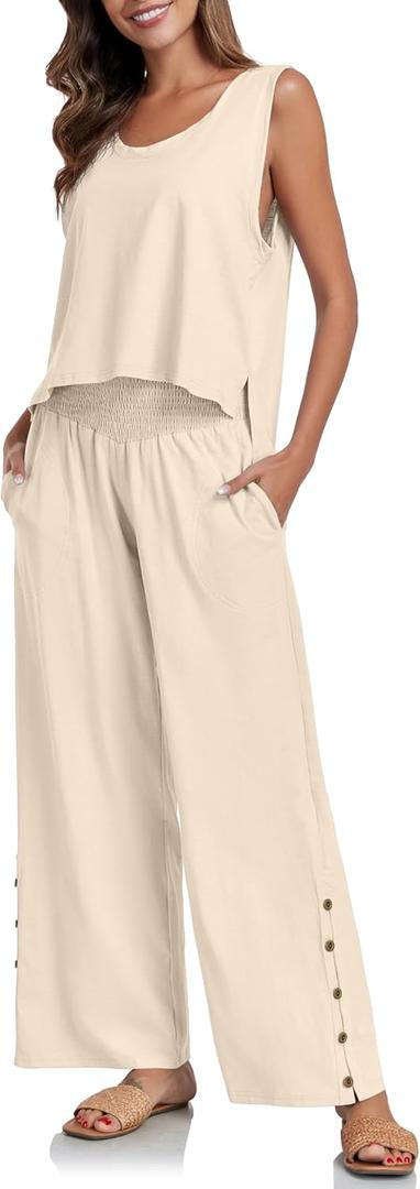 PrinStory Summer 2 Piece Outfits for Women Cotton Pajama Sets Wide Leg Pants Lounge Sets Tracksuits Loungewear, Medium 